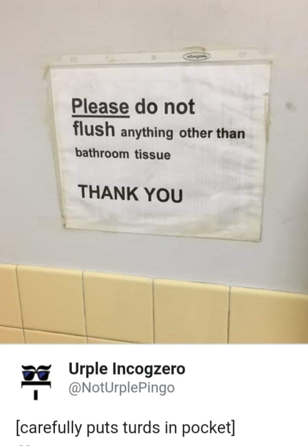 turd meme - Please do not flush anything other than bathroom tissue Thank You > Urple Incogzero carefully puts turds in pocket