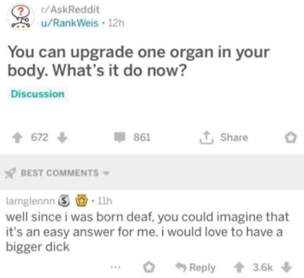 diagram - rAskReddit uRank Weis. 12h You can upgrade one organ in your body. What's it do now? Discussion 672 861 1 Best lamglennn S lih well since i was born deaf, you could imagine that it's an easy answer for me. I would love to have a bigger dick ...