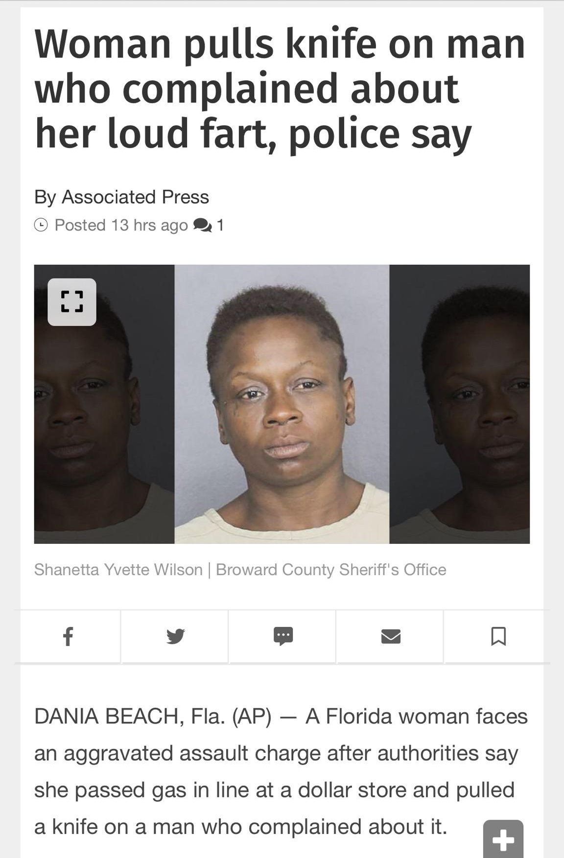 facial expression - Woman pulls knife on man who complained about her loud fart, police say By Associated Press Posted 13 hrs ago 21 Shanetta Yvette Wilson | Broward County Sheriff's Office Dania Beach, Fla. Ap A Florida woman faces an aggravated assault 