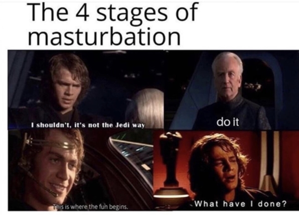 spicy meme - 4 stages of masterbation - The 4 stages of masturbation I shouldn't, it's not the Jedi way do it This is where the fun begins. What have I done?