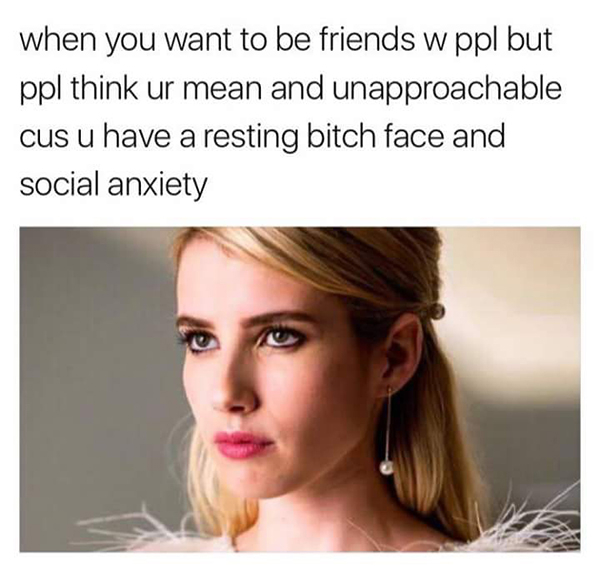 rest bitch face meme - when you want to be friends w ppl but ppl think ur mean and unapproachable cus u have a resting bitch face and social anxiety