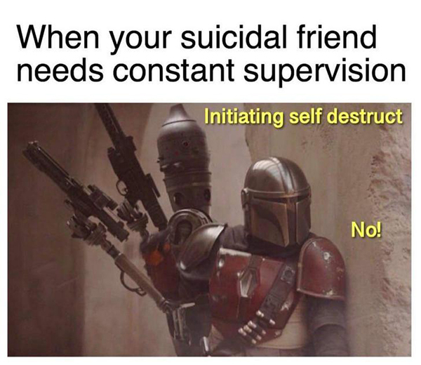 mandalorian bounty droid - When your suicidal friend needs constant supervision Initiating self destruct No!