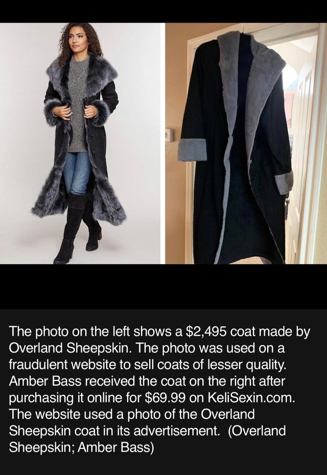 fur clothing - The photo on the left shows a $2,495 coat made by Overland Sheepskin. The photo was used on a fraudulent website to sell coats of lesser quality. Amber Bass received the coat on the right after purchasing it online for $69.99 on KeliSexin.c