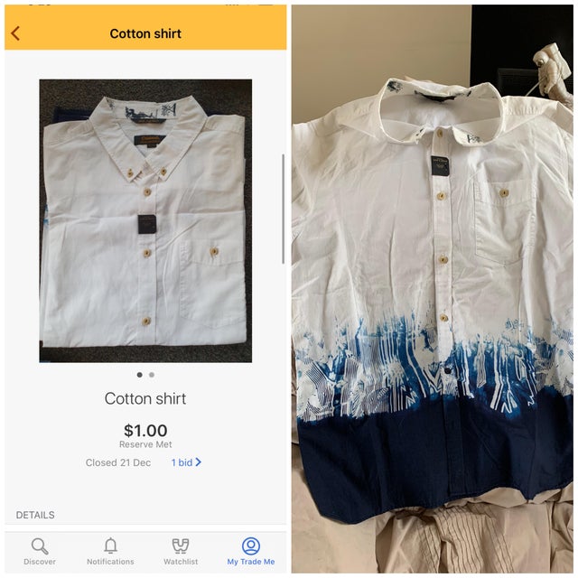 sleeve - Cotton shirt Cotton shirt $1.00 Reserve Met Closed 21 Dec 1 bid > Details Discover Notifications Watchlist My Trade Me