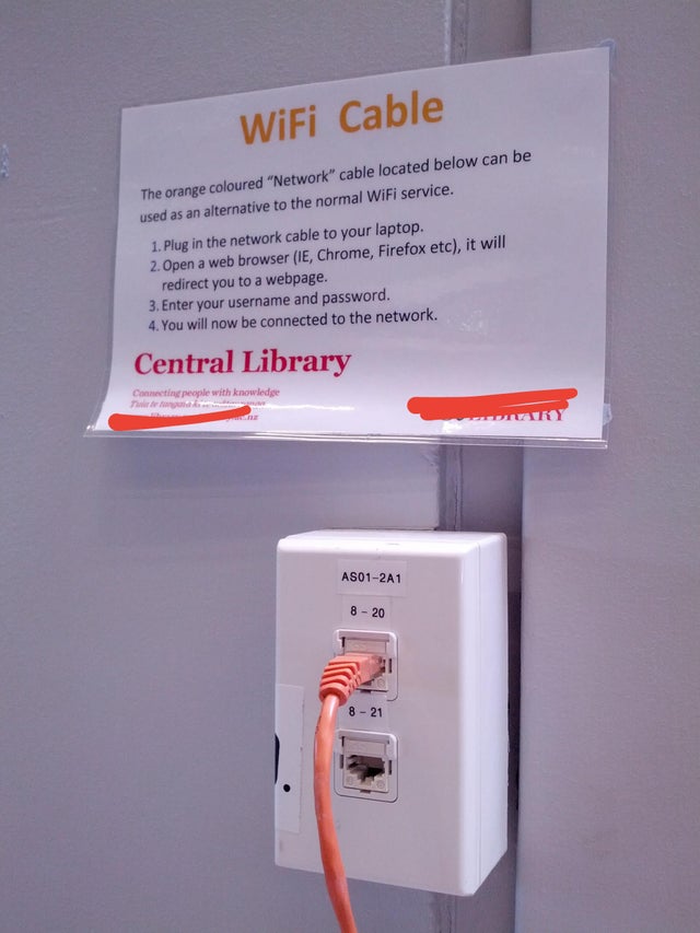 wifi cable library - WiFi Cable The orange coloured "Network" cable located below can be used as an alternative to the normal WiFi service. 1. Plug in the network cable to your laptop. 2. Open a web browser Ie, Chrome, Firefox etc, it will redirect you to