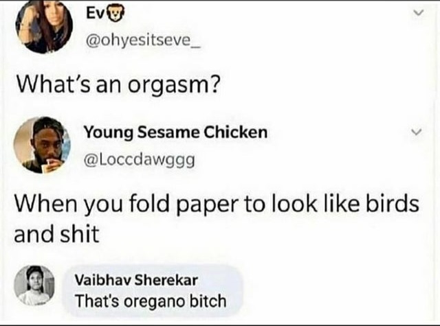 document - EvW What's an orgasm? Young Sesame Chicken When you fold paper to look birds and shit Vaibhav Sherekar That's oregano bitch