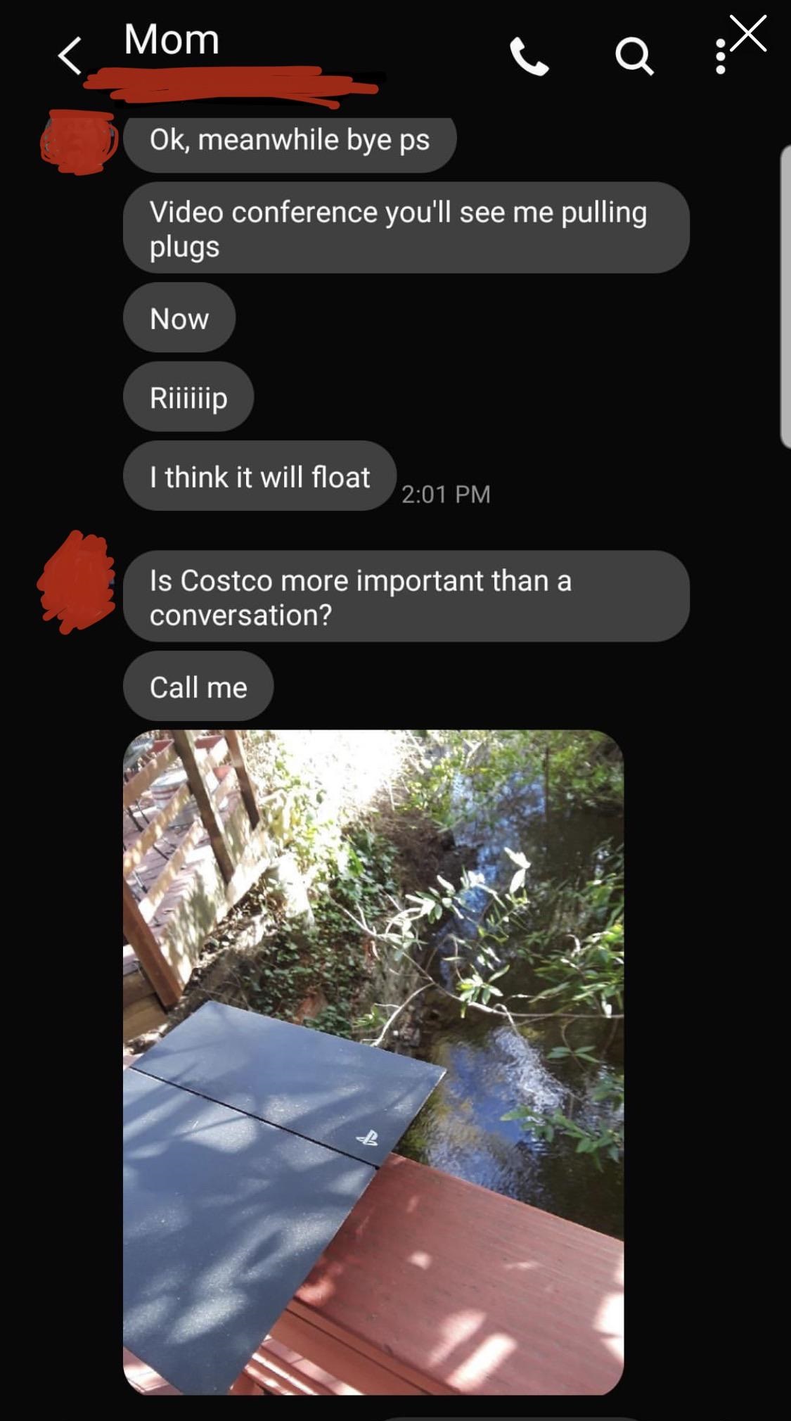 screenshot - Mom Ok, meanwhile bye ps Video conference you'll see me pulling plugs Now Riiiiiip I think it will float 'Is Costco more important than a conversation? Call me