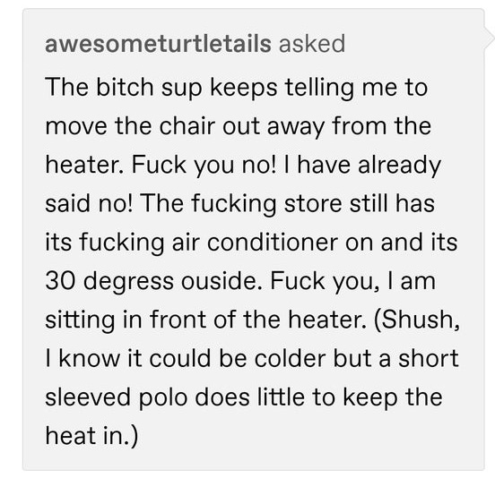 angle - awesometurtletails asked The bitch sup keeps telling me to move the chair out away from the heater. Fuck you no! I have already said no! The fucking store still has its fucking air conditioner on and its 30 degress ouside. Fuck you, I am sitting i