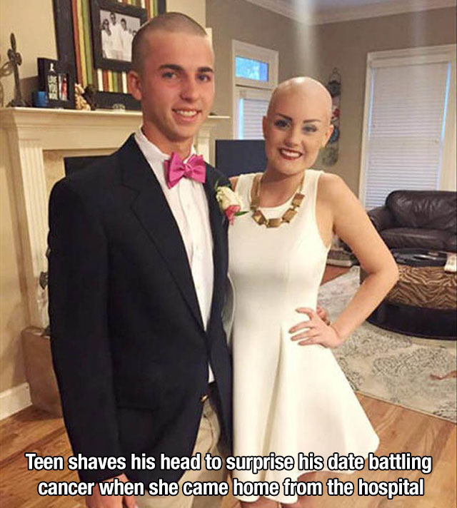 teen boy shaved head - Teen shaves his head to surprise his date battling cancer when she came home from the hospital