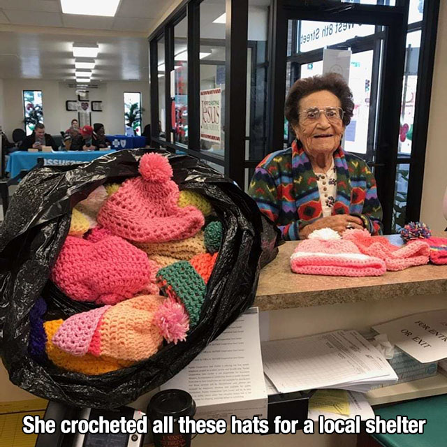 old woman brings hats to the shelter meme - soute 1187297 Rok Eva Or Evit She crocheted all these hats for a local shelter