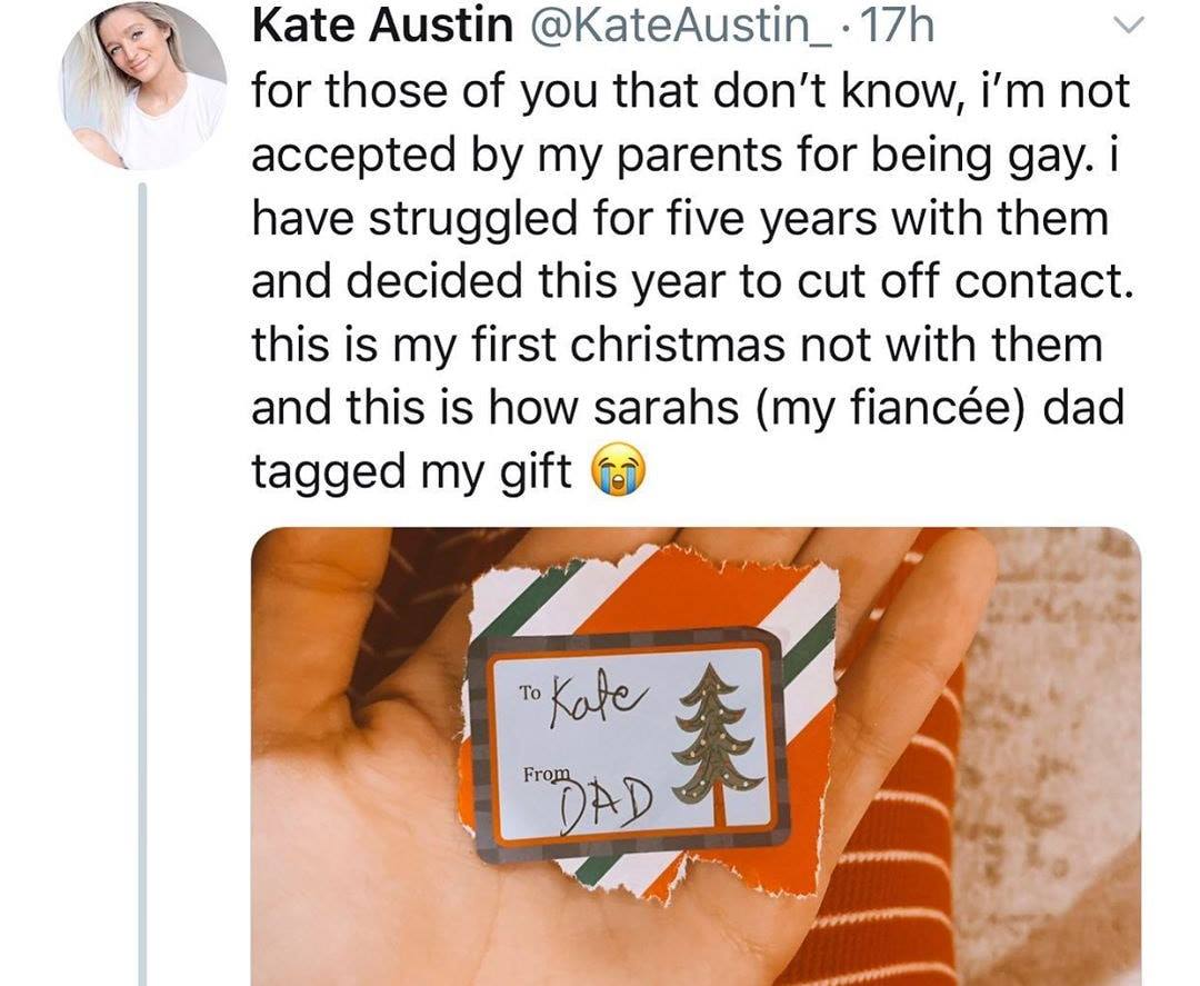 orange - Kate Austin 17h for those of you that don't know, i'm not accepted by my parents for being gay. i have struggled for five years with them and decided this year to cut off contact. this is my first christmas not with them and this is how sarahs my