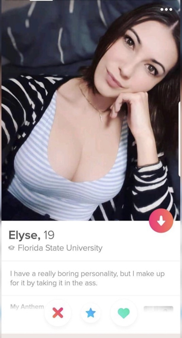 busty tinder - Elyse, 19 Florida State University I have a really boring personality, but I make up for it by taking it in the ass. My Anthem X