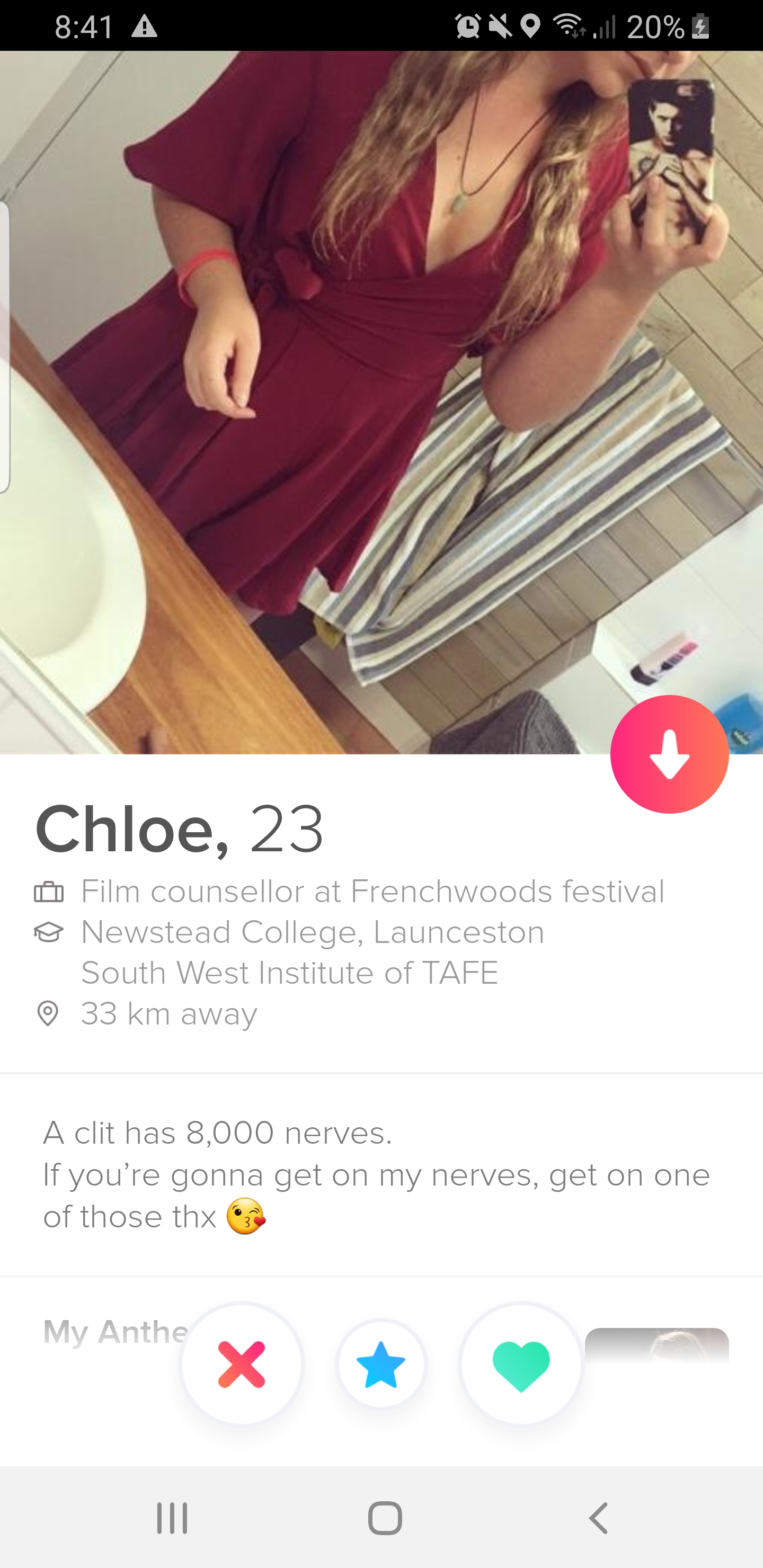 website - A Oxo. 20% Chloe, 23 Film counsellor at Frenchwoods festival Newstead College Launceston South West Institute of Tafe 33 km away A clit has 8,000 nerves. If you're gonna get on my nerves, get on one of those thx My Anthe X