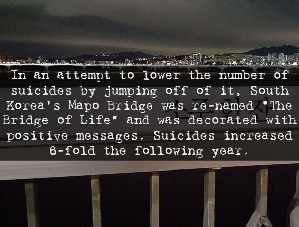 produit ménager - In an attempt to lower the number of suicides by jumping off of it, South Korea's Mapo Bridge was renamed "The Bridge of Life" and was decorated with positive messages. Suicides increased 6fold the ing year.