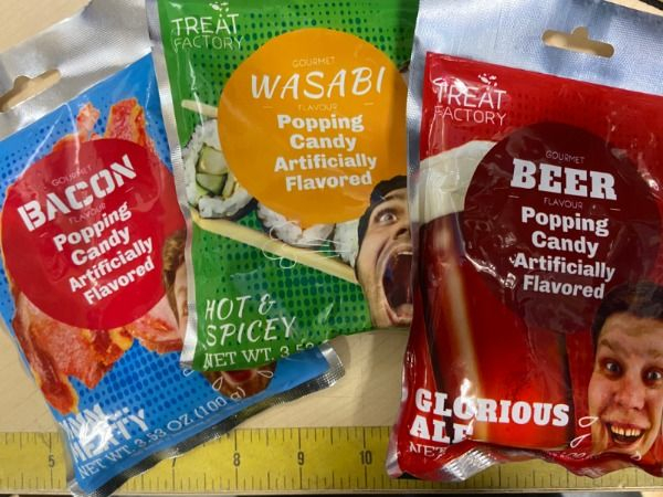 convenience food - Treat Factory Wasabi Treat Tavour Factory Popping Candy Artificially Flavored Gourmet Gout Beer Popping Candy Flavous Bacon Flavour Popping Candy Artificially Flavored Artificially Flavored Hot & Spicey Net Wt. 32 Glorious Al Net Wt 253