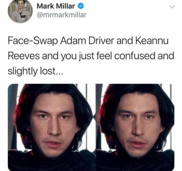 adam driver keanu reeves - Mark Millar FaceSwap Adam Driver and Keannu Reeves and you just feel confused and slightly lost...