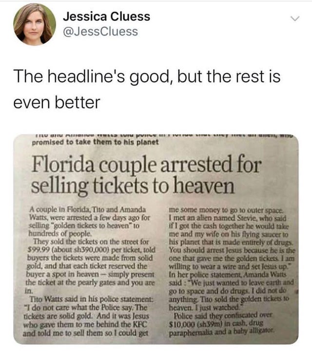 Jessica Cluess Cluess The headline's good, but the rest is even better Ttv Tv Twin Per promised to take them to his planet Florida couple arrested for selling tickets to heaven A couple in Florida, Tito and Amanda Watts, were arrested a few days ago for…