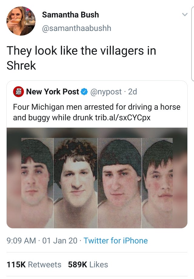 jaw - Samantha Bush They look the villagers in Shrek New York Post 2d Four Michigan men arrested for driving a horse and buggy while drunk trib.alsxCYCpx 01 Jan 20 Twitter for iPhone