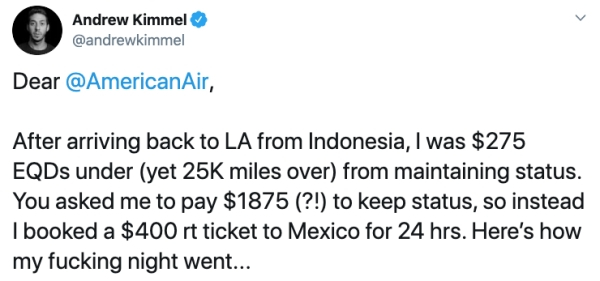 murder of Emine Bulut - Andrew Kimmel Dear , After arriving back to La from Indonesia, I was $275 EQDs under yet 25K miles over from maintaining status. You asked me to pay $1875 ?! to keep status, so instead I booked a $400 rt ticket to Mexico for 24 hrs