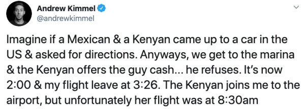 spitting sunflower seeds in front of vacuum - Andrew Kimmel Imagine if a Mexican & a Kenyan came up to a car in the Us & asked for directions. Anyways, we get to the marina & the Kenyan offers the guy cash... he refuses. It's now & my flight leave at . Th