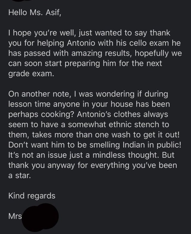 screenshot - Hello Ms. Asif, I hope you're well, just wanted to say thank you for helping Antonio with his cello exam he has passed with amazing results, hopefully we can soon start preparing him for the next grade exam. On another note, I was wondering i