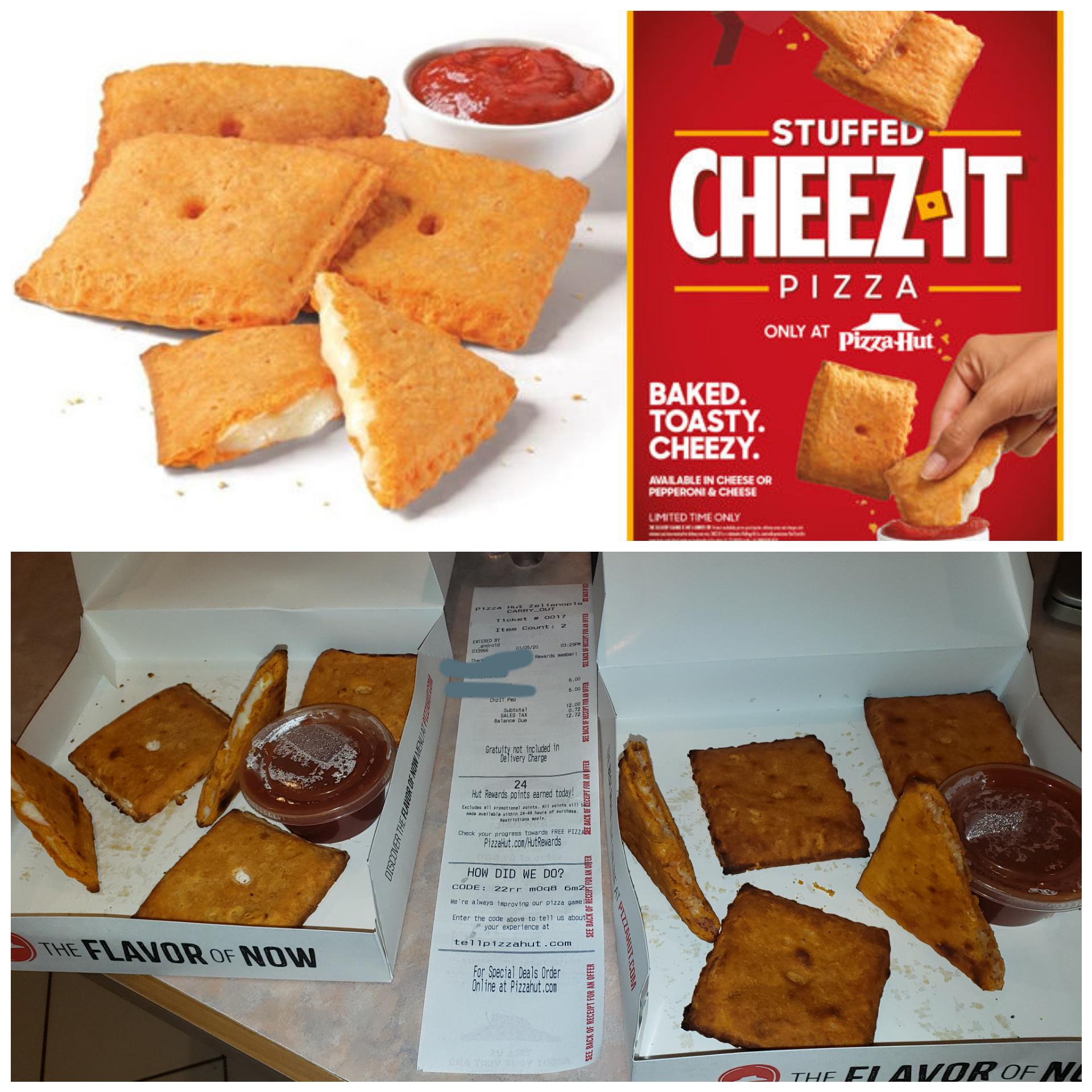 pizza hut stuffed cheez it pizza - Stuffed Cheez It Pizza Only At Pizza Hut Baked. Toasty. Cheezy. Avalable In Cheese Or Pepperoni & Cheese Limited Time Only Note pizza Carry Out Treket # 0017 Item Count 2 Entered By android 010520 Rewards member Seedia O