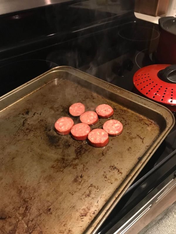 “Realized too late into cooking that my Fiancée took all the skillets when she moved out, thus the baking sheet-griddle.”