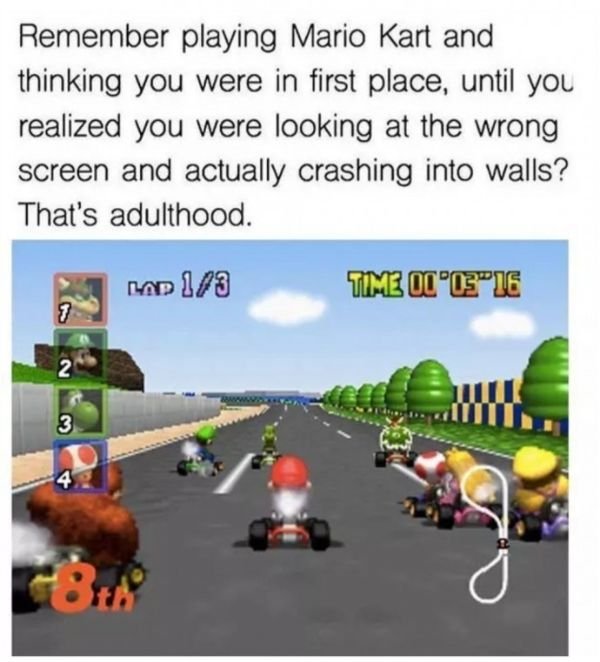 mario kart memes - Remember playing Mario Kart and thinking you were in first place, until you realized you were looking at the wrong screen and actually crashing into walls? That's adulthood. Map 13 Tim Od 0316 well