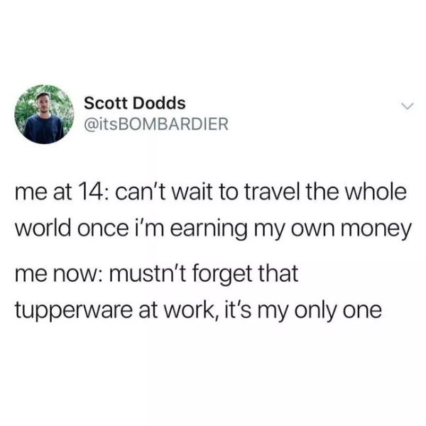 me at 14 tupperware meme - Scott Dodds Bombardier me at 14 can't wait to travel the whole world once i'm earning my own money me now mustn't forget that tupperware at work, it's my only one