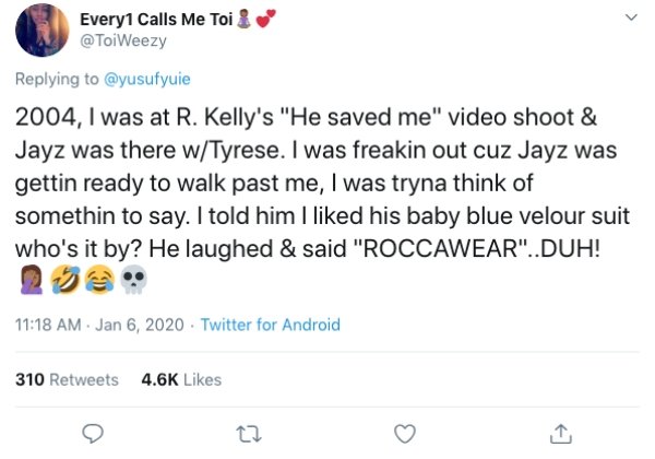 david heinemeier hansson tweet - Every1 Calls Me Toi 2004, I was at R. Kelly's "He saved me" video shoot & Jayz was there wTyrese. I was freakin out cuz Jayz was gettin ready to walk past me, I was tryna think of somethin to say. I told him I d his baby b