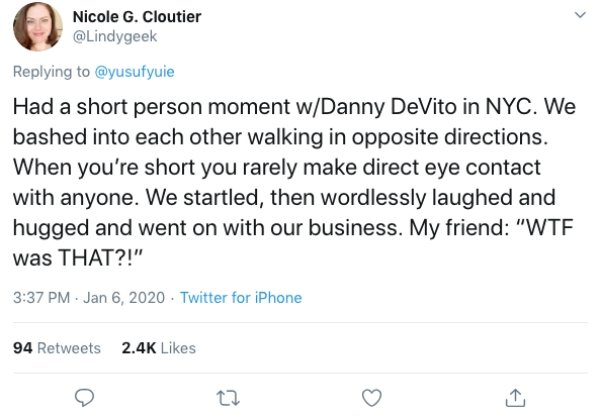 racist remarks singapore - Nicole G. Cloutier Had a short person moment wDanny DeVito in Nyc. We bashed into each other walking in opposite directions. When you're short you rarely make direct eye contact with anyone. We startled, then wordlessly laughed 