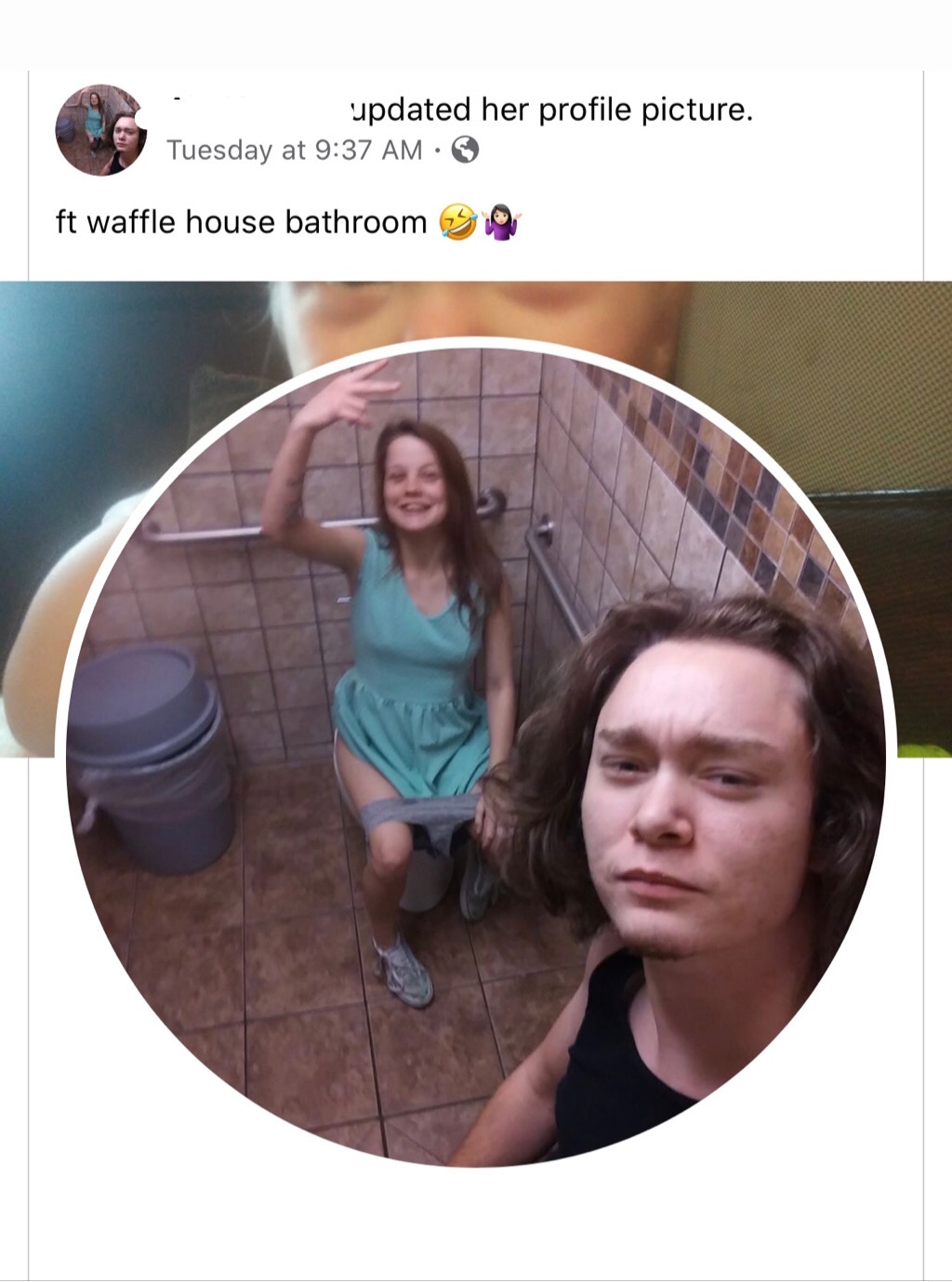 photo caption - updated her profile picture. Tuesday at ft waffle house bathroom Sune