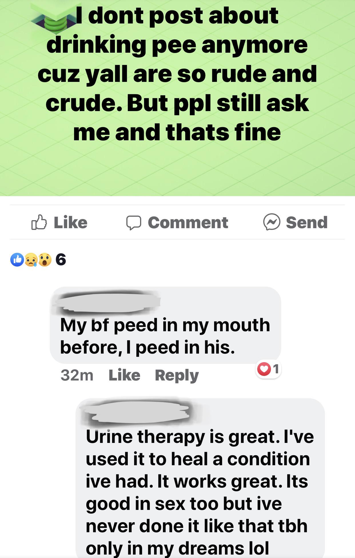 wing profile - I dont post about drinking pee anymore cuz yall are so rude and crude. But ppl still ask me and thats fine a Comment @ Send My bf peed in my mouth before, I peed in his. 32m 01 Urine therapy is great. I've used it to heal a condition ive ha