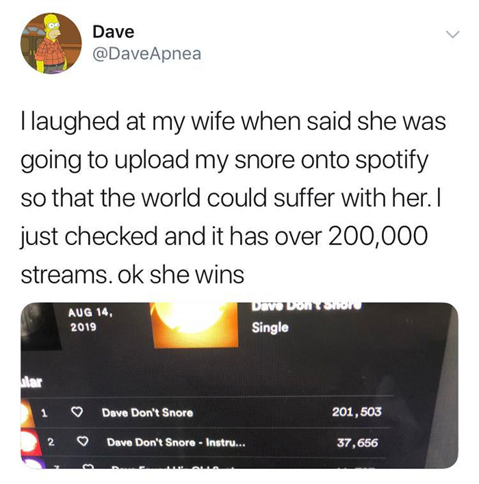 meme spotify year - Dave Tlaughed at my wife when said she was going to upload my snore onto spotify so that the world could suffer with her. I just checked and it has over 200,000 streams. ok she wins Dave Don Shon Single 1 Dave Don't Snore 201,503 2 Dav