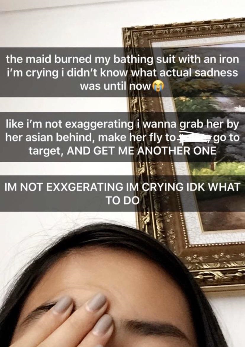 photo caption - the maid burned my bathing suit with an iron i'm crying i didn't know what actual sadness was until now i'm not exaggerating i wanna grab her by her asian behind, make her fly to go to target, And Get Me Another One Im Not Exxgerating Im C