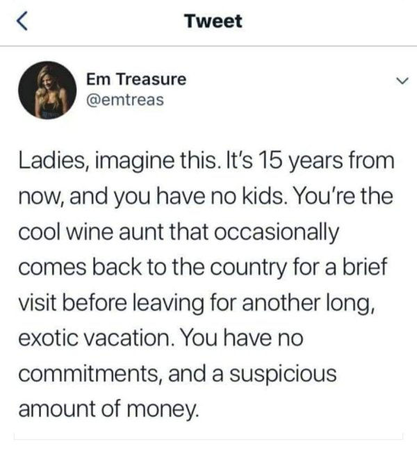 cool wine aunt meme - Tweet Em Treasure Ladies, imagine this. It's 15 years from now, and you have no kids. You're the cool wine aunt that occasionally comes back to the country for a brief visit before leaving for another long, exotic vacation. You have 