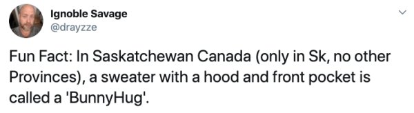 animal - Ignoble Savage Fun Fact In Saskatchewan Canada only in Sk, no other Provinces, a sweater with a hood and front pocket is called a 'BunnyHug'.