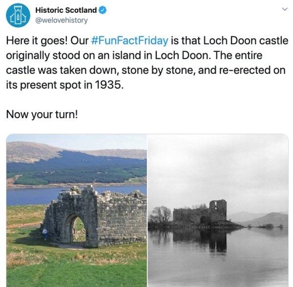 water resources - Historic Scotland Here it goes! Our is that Loch Doon castle originally stood on an island in Loch Doon. The entire castle was taken down, stone by stone, and reerected on its present spot in 1935. Now your turn!