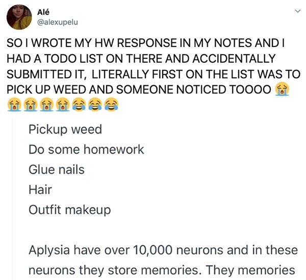 document - Al So I Wrote My Hw Response In My Notes And Had A Todo List On There And Accidentally Submitted It, Literally First On The List Was To Pick Up Weed And Someone Noticed Toooo Pickup weed Do some homework Glue nails Hair Outfit makeup Aplysia ha