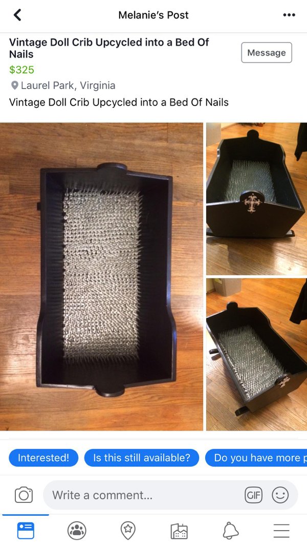 furniture - Melanie's Post Message Vintage Doll Crib Upcycled into a Bed Of Nails $325 Laurel Park, Virginia Vintage Doll Crib Upcycled into a Bed Of Nails Interested! Is this still available? Do you have more p Write a comment. Write a comment... @