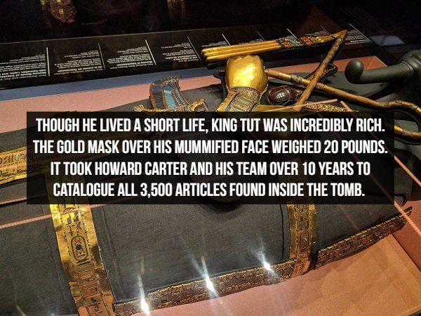 metal - Though He Lived A Short Life. King Tut Was Incredibly Rich. The Gold Mask Over His Mummified Face Weighed 20 Pounds. It Took Howard Carter And His Team Over 10 Years To Catalogue All 3,500 Articles Found Inside The Tomb.