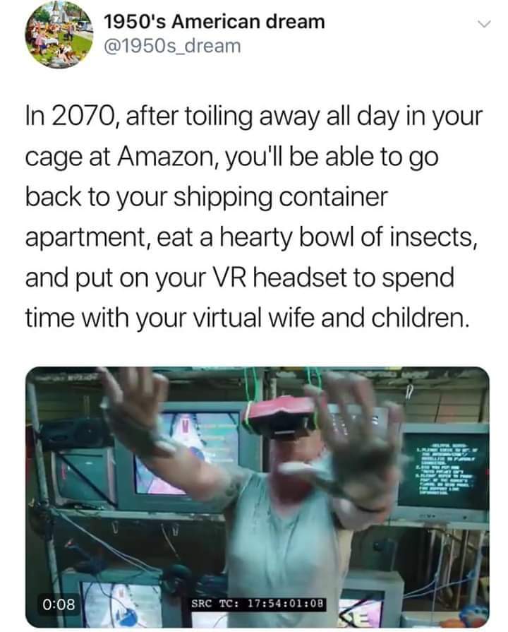 arm - 1950's American dream In 2070, after toiling away all day in your cage at Amazon, you'll be able to go back to your shipping container apartment, eat a hearty bowl of insects, and put on your Vr headset to spend time with your virtual wife and child