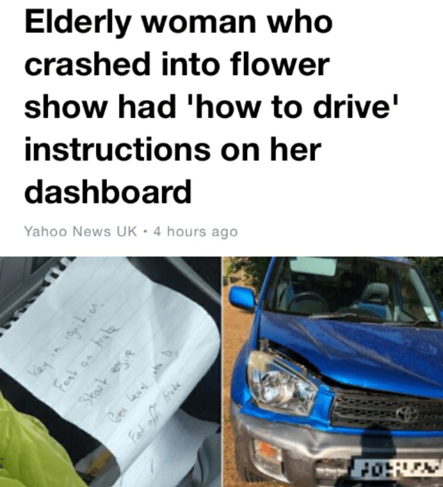 best instructions unclear - Elderly woman who crashed into flower show had 'how to drive' instructions on her dashboard Yahoo News Uk 4 hours ago Fool