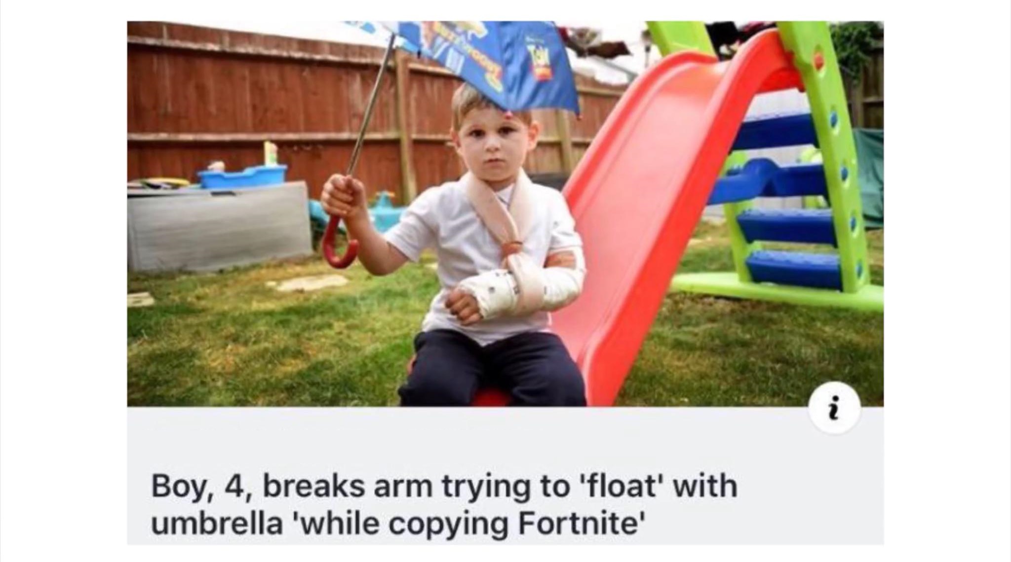 boy 4 breaks arm copying fortnite - Boy, 4, breaks arm trying to 'float' with umbrella 'while copying Fortnite'