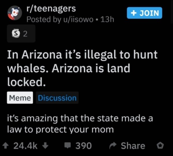 screenshot - Join brteenagers Posted by uiisowo 13h 32 In Arizona it's illegal to hunt whales. Arizona is land locked. Meme Discussion it's amazing that the state made a law to protect your mom 4 390 o