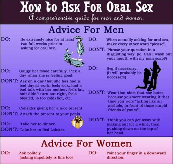 oral sex - Xow to Ask For Oral Sex A comprehensive guide for men and women. Advice For Men Do Be extremely nice for at least two full weeks prior to asking for oral sex. Do When actually asking for oral sex, make every other word "please". Don'T Phrase yo