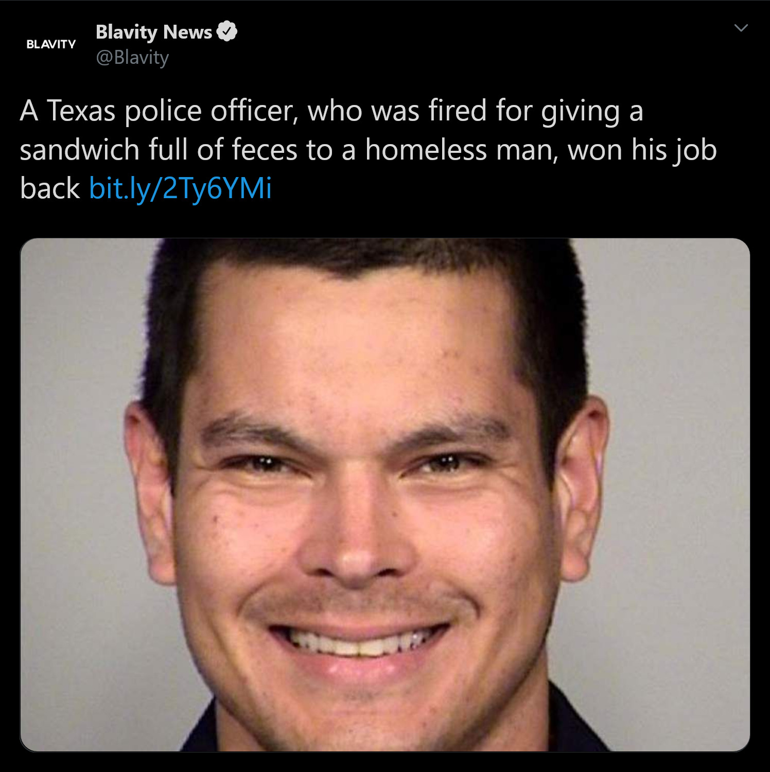 matthew luckhurst - Blavity Blavity News A Texas police officer, who was fired for giving a sandwich full of feces to a homeless man, won his job back bit.ly2Ty6YMI
