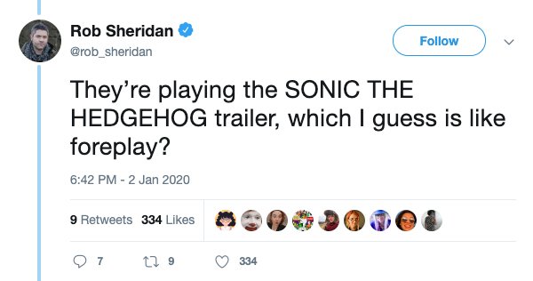 dylan and cole sprouse tweets - Rob Sheridan They're playing the Sonic The Hedgehog trailer, which I guess is foreplay? 9 334 90 0 002 97 179 334