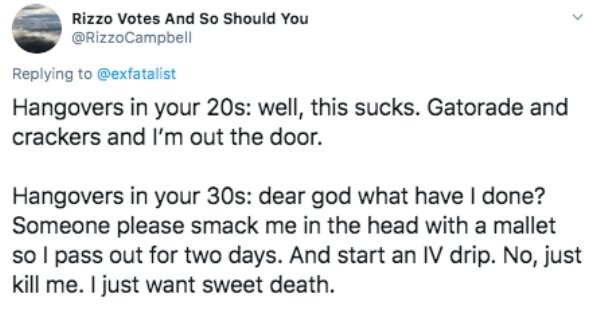 document - Rizzo Votes And So Should You Rizzo Votes Hangovers in your 20s well, this sucks. Gatorade and crackers and I'm out the door. Hangovers in your 30s dear god what have done? Someone please smack me in the head with a mallet so I pass out for two