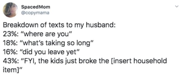 lovely phrases - Spaced Mom Breakdown of texts to my husband 23% "where are you" 18% "what's taking so long" 16% "did you leave yet" 43% "Fyi, the kids just broke the insert household item"